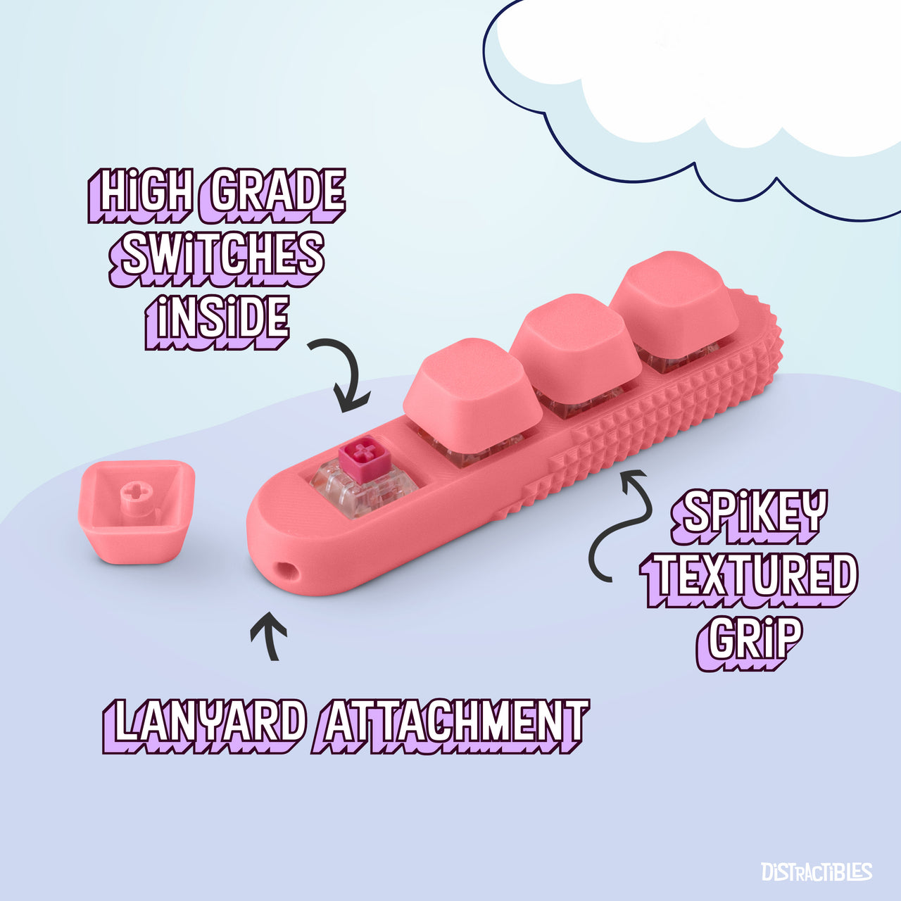 4-Button Fidget Clicker - Loud Click Switches, Textured Design for Stress Relief & Focus Aid with Lanyard (Pink)