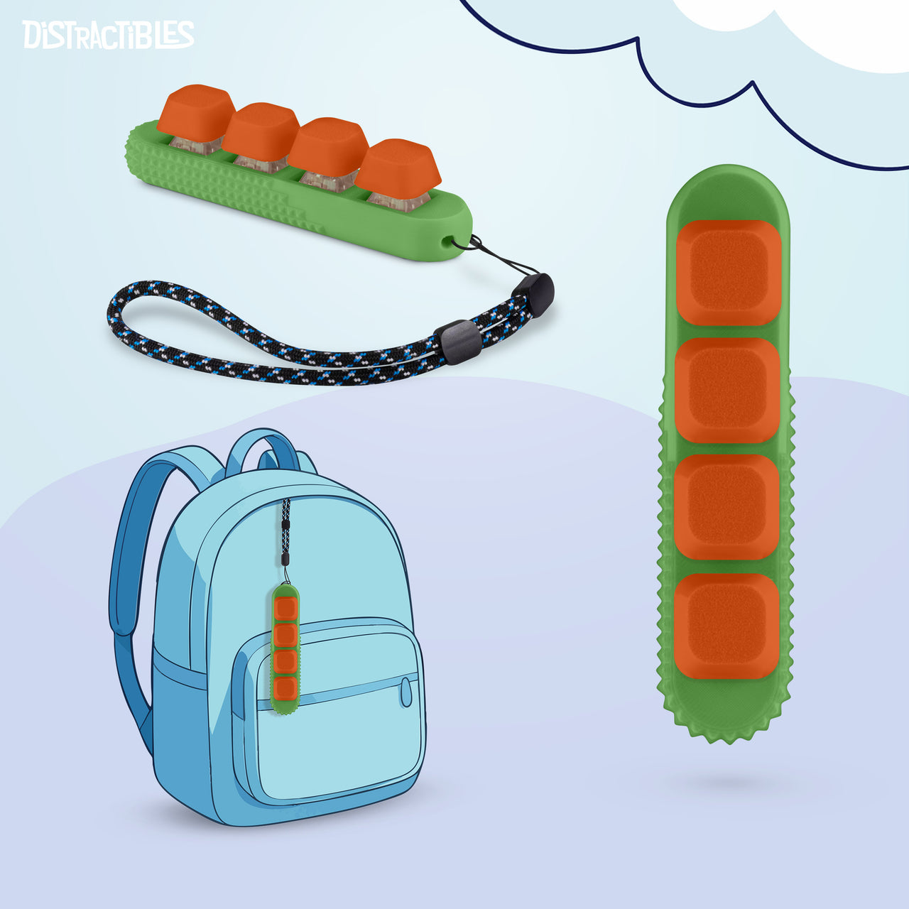 4-Button Fidget Clicker - Loud Click Switches, Textured Design for Stress Relief & Focus Aid with Lanyard (Green)