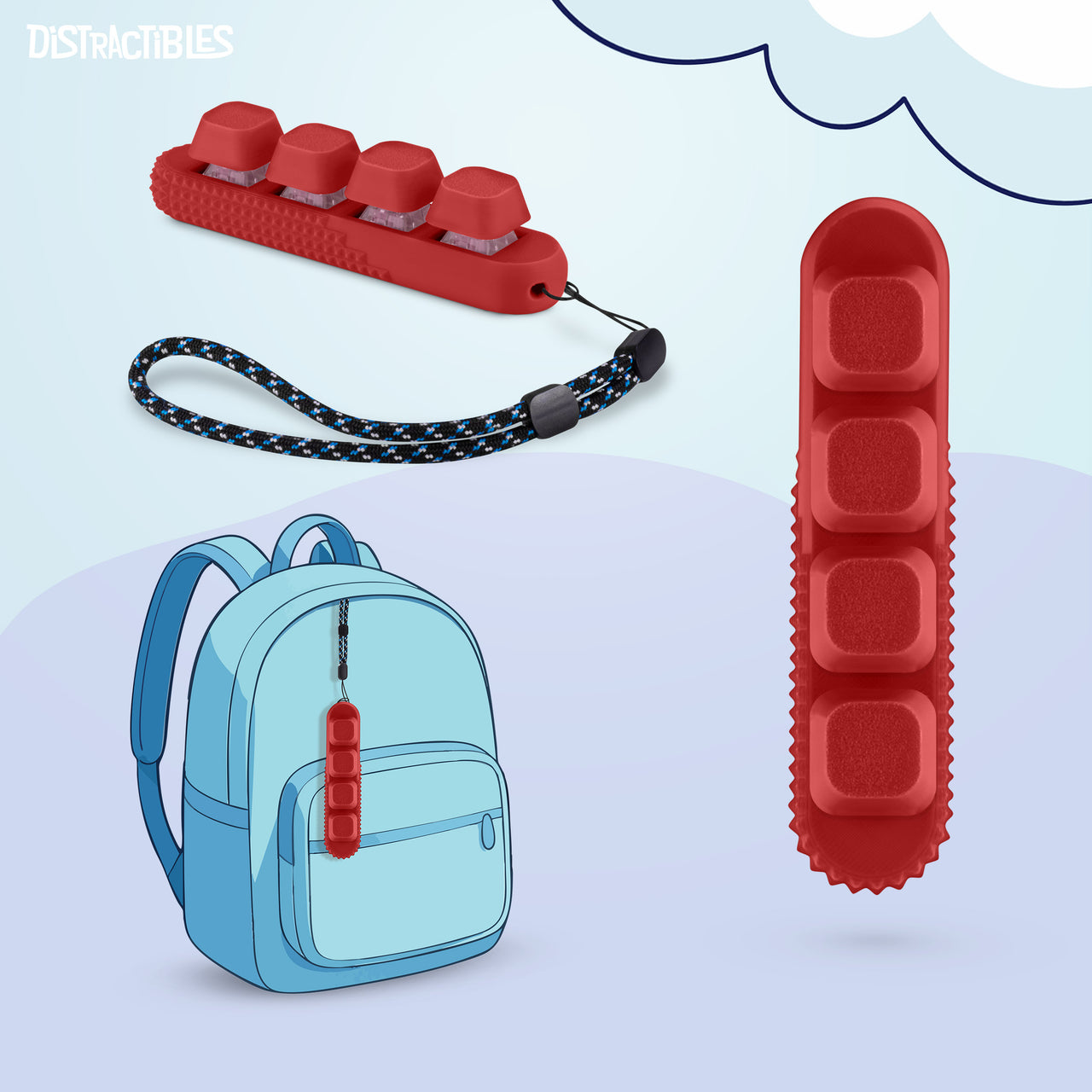 4-Button Fidget Clicker - Loud Click Switches, Textured Design for Stress Relief & Focus Aid with Lanyard (Red)