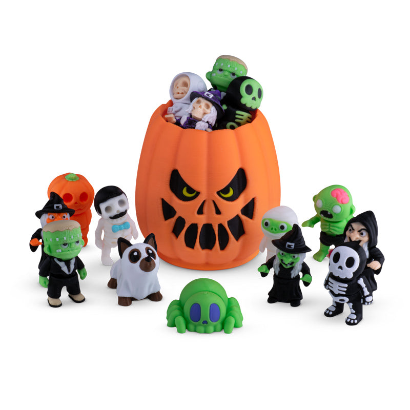 Halloween Mystery Box, 10 Articulated Spooky Figures with Pumpkin Container, Random Figures and Mystery Removeable Pumpkin Lid