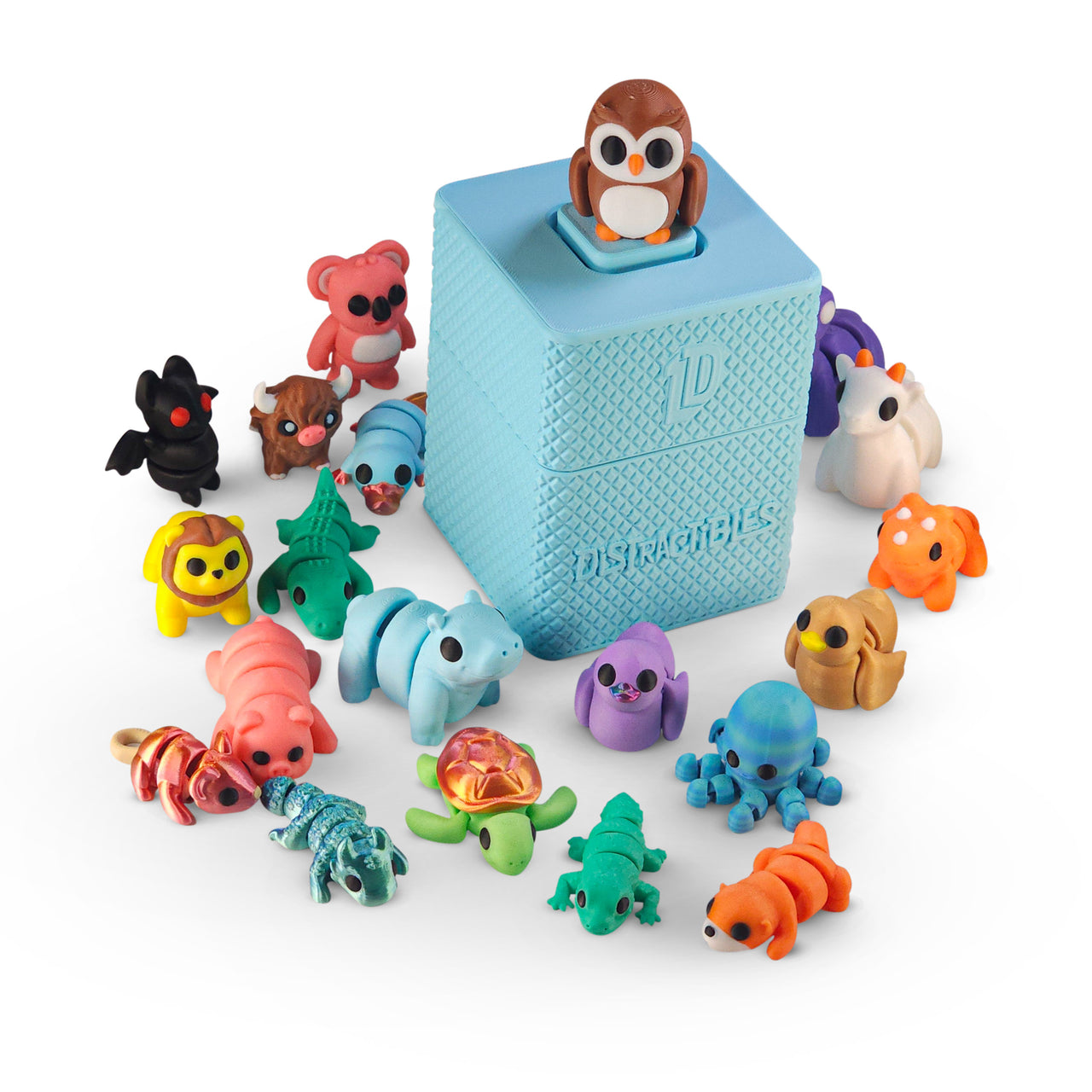 Mystery Fidget Animal Pack, 10 Articulated Animals + Bonus Fidget Clicker & Fidget Clicker Box, Random Colors (Blue)