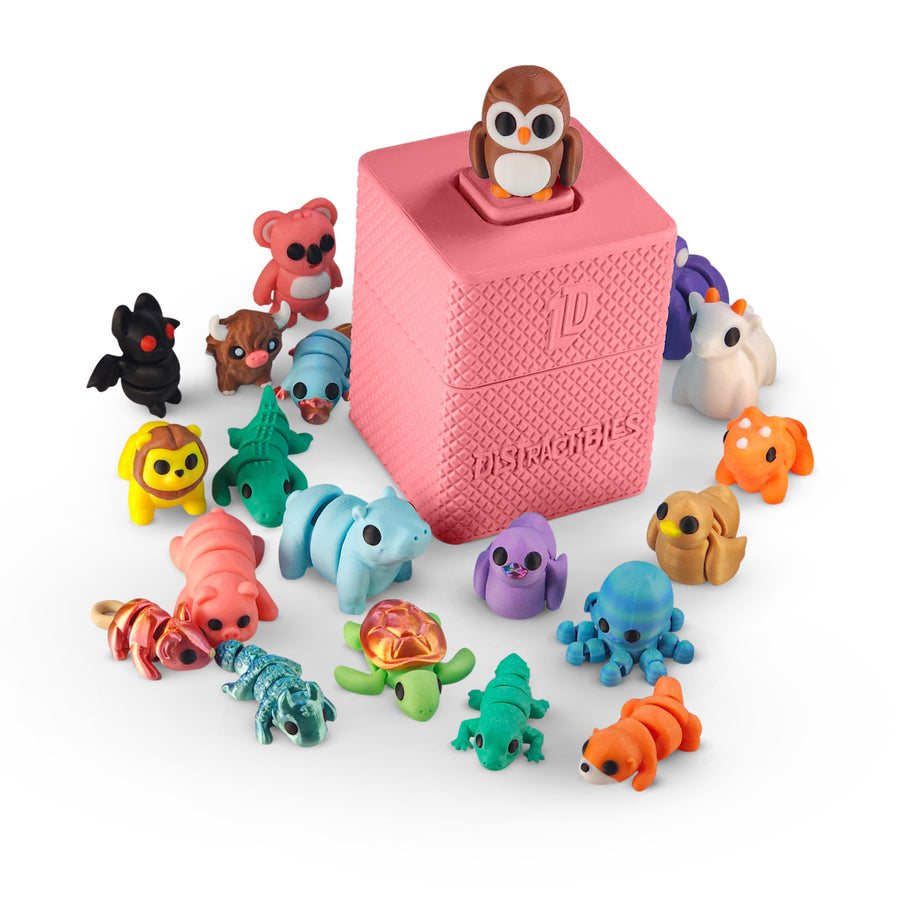 Mystery Fidget Animal Pack, 10 Articulated Animals + Bonus Fidget Clicker & Fidget Clicker Box, Random Colors (Pink)