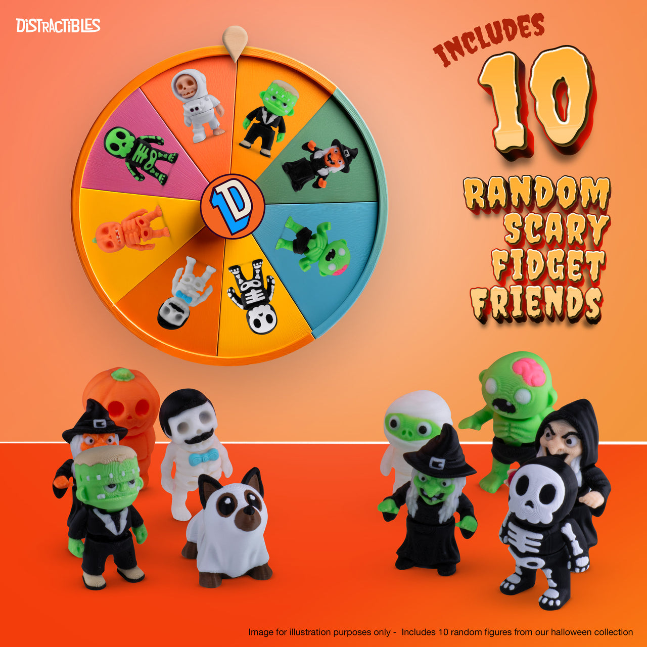 Halloween Mystery Box, 10 Articulated Spooky Figures with Pumpkin Container, Random Figures and Mystery Removeable Pumpkin Lid