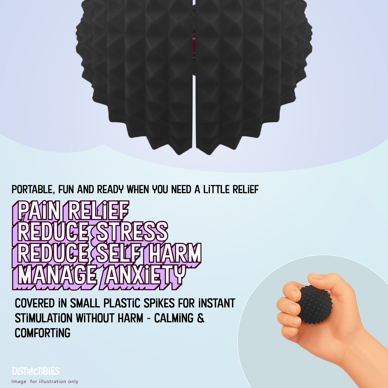 Spike Ball Clicker, Tactile Pain Stimming Fidget with Clicker Switch, Pain Stimulation Ball with Lanyard (Medium - Black)