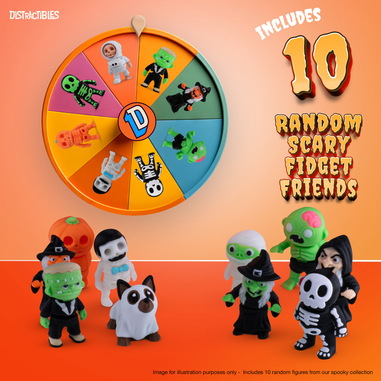 Halloween Mystery Box, 10 Articulated Spooky Figures with Pumpkin Container, Random Figures and Mystery Removeable Pumpkin Lid