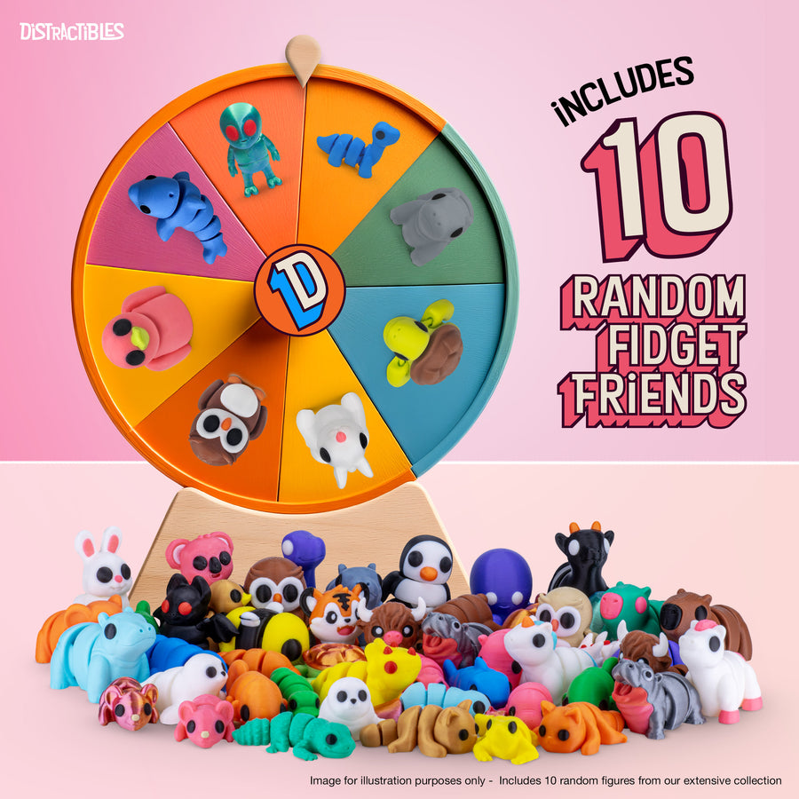 Mystery Fidget Animal Pack, 10 Articulated Animals + Bonus Fidget Clicker & Fidget Clicker Box, Random Colors (Pink)