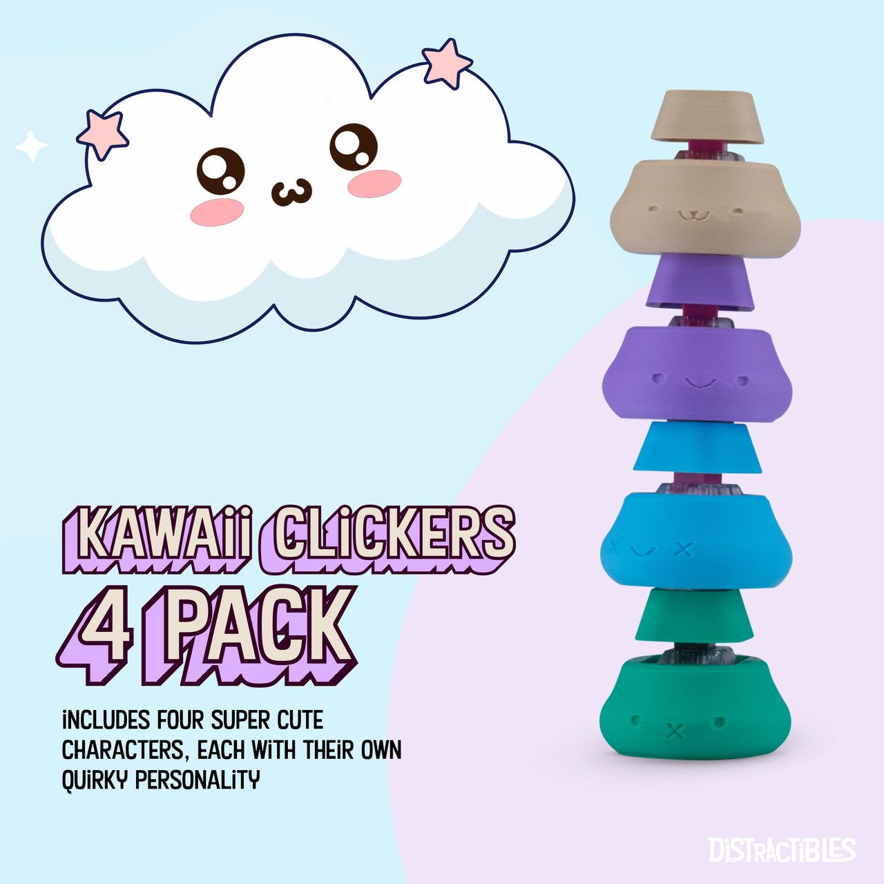 Kawaii Fidget Clicker Set, 4 Pack, Clicky and Silent, Stress Relief & Anxiety, ADHD Toys, Purple Blue Green Beige