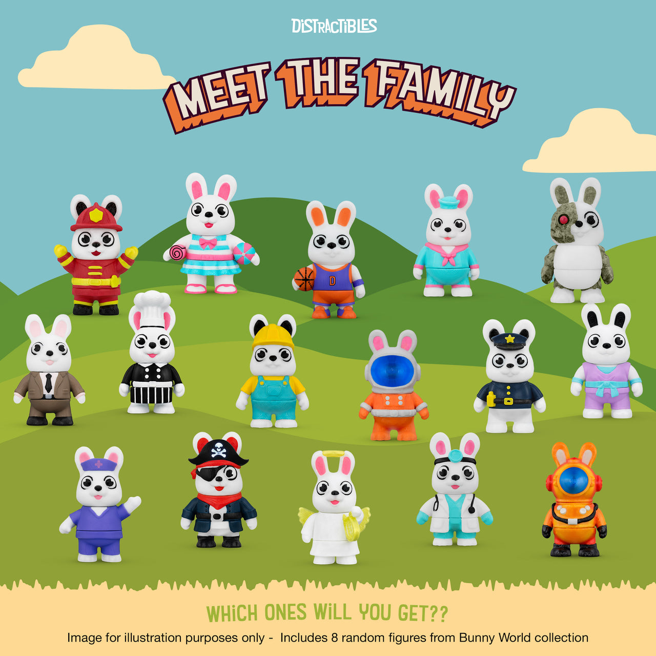 Distractibles Easter Mystery Basket, 8 Articulated Bunny Figures with Basket Container, Random Figures and Mystery Removeable Easter Egg Lid