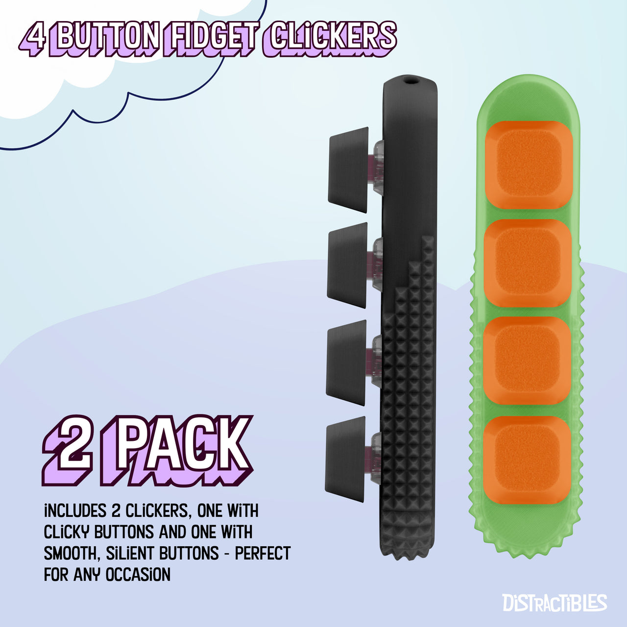 2 Pack Fidget Clickers, 4-Button Silent & Loud Click Options, Textured Design for Stress Relief & Focus Aid with Lanyard (Green-Black)