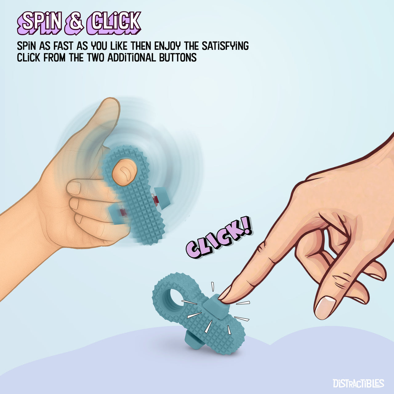 Distractibles Spiked Clicker Fidget Spinner - Textured for Pain Stimming, Stress Relief, ADHD, Anxiety and Concentration (Blue)