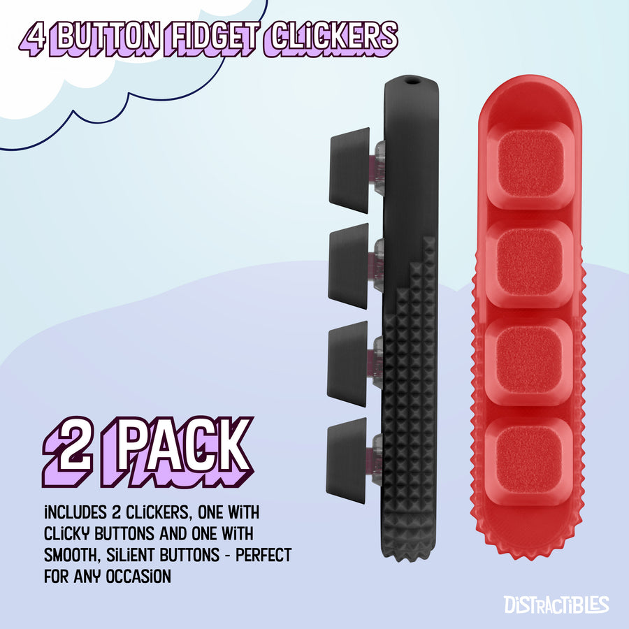 2 Pack Fidget Clickers, 4 x  Loud Click Buttons, Textured Design for Stress Relief & Focus Aid with Lanyard (Red-Black)