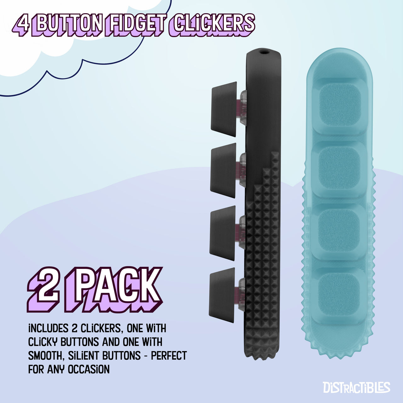 2 Pack Fidget Clickers, 4 x  Loud Click Buttons, Textured Design for Stress Relief & Focus Aid with Lanyard (Blue-Black)