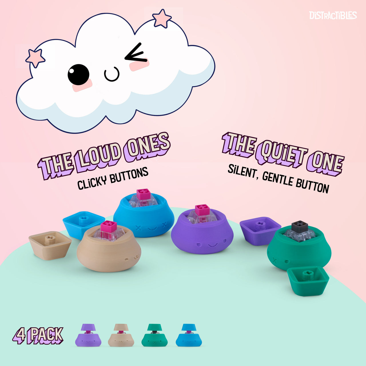 Kawaii Fidget Clicker Set, 4 Pack, Clicky and Silent, Stress Relief & Anxiety, ADHD Toys, Purple Blue Green Beige