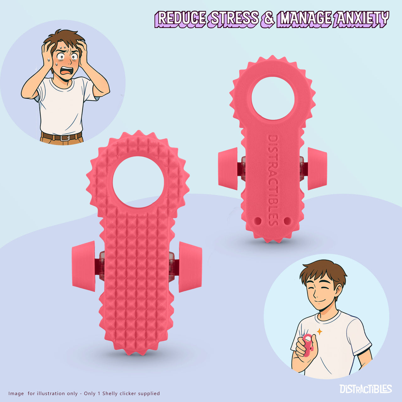 Distractibles Spiked Clicker Fidget Spinner - Textured for Pain Stimming, Stress Relief, ADHD, Anxiety and Concentration (Pink)