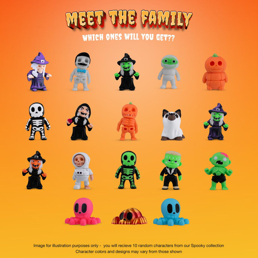 Halloween Mystery Box, 10 Articulated Spooky Figures with Pumpkin Container, Random Figures and Mystery Removeable Pumpkin Lid