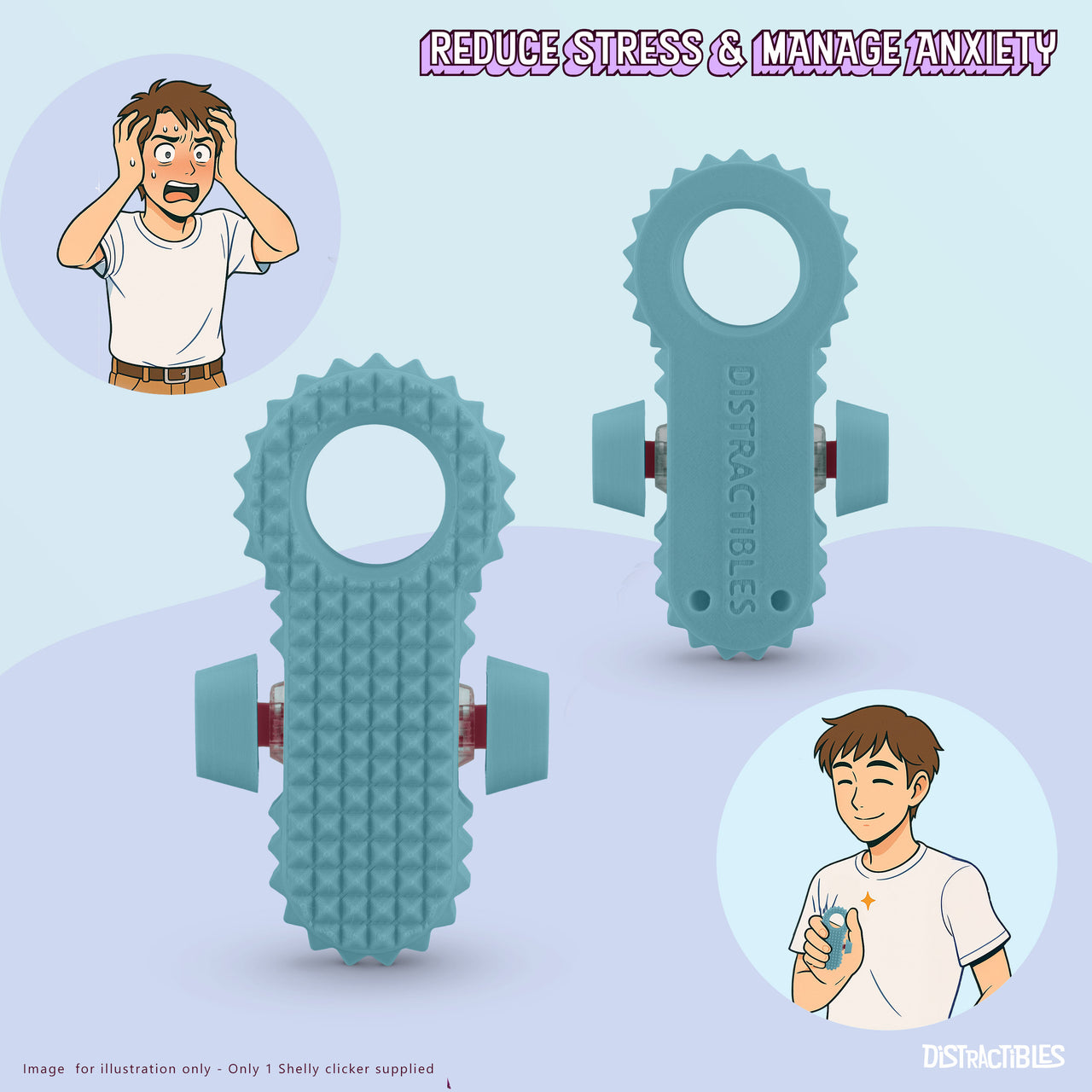 Distractibles Spiked Clicker Fidget Spinner - Textured for Pain Stimming, Stress Relief, ADHD, Anxiety and Concentration (Blue)