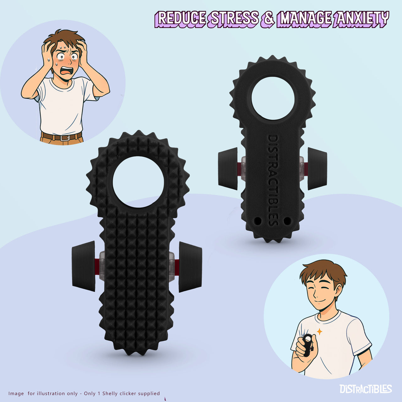 Distractibles Spiked Clicker Fidget Spinner - Textured for Pain Stimming, Stress Relief, ADHD, Anxiety and Concentration (Black)