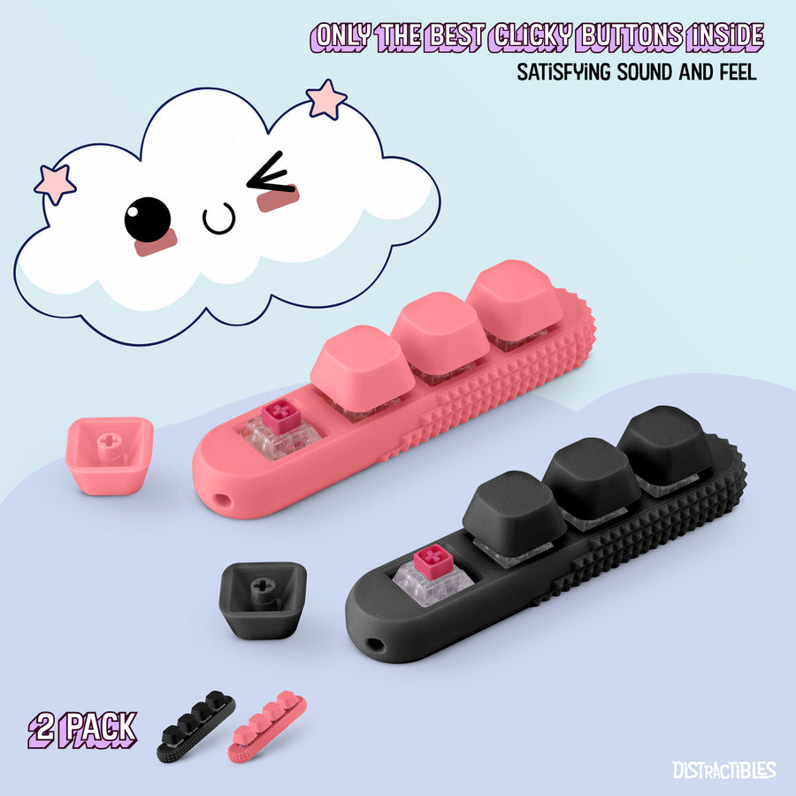 2 Pack Fidget Clickers, 4 x  Loud Click Buttons, Textured Design for Stress Relief & Focus Aid with Lanyard (Pink-Black)