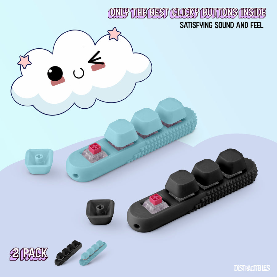 2 Pack Fidget Clickers, 4 x  Loud Click Buttons, Textured Design for Stress Relief & Focus Aid with Lanyard (Blue-Black)