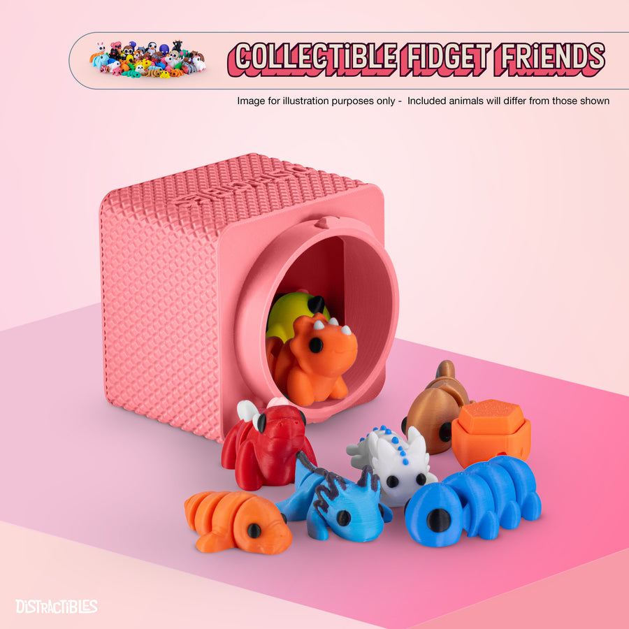 Mystery Fidget Animal Pack, 10 Articulated Animals + Bonus Fidget Clicker & Fidget Clicker Box, Random Colors (Pink)