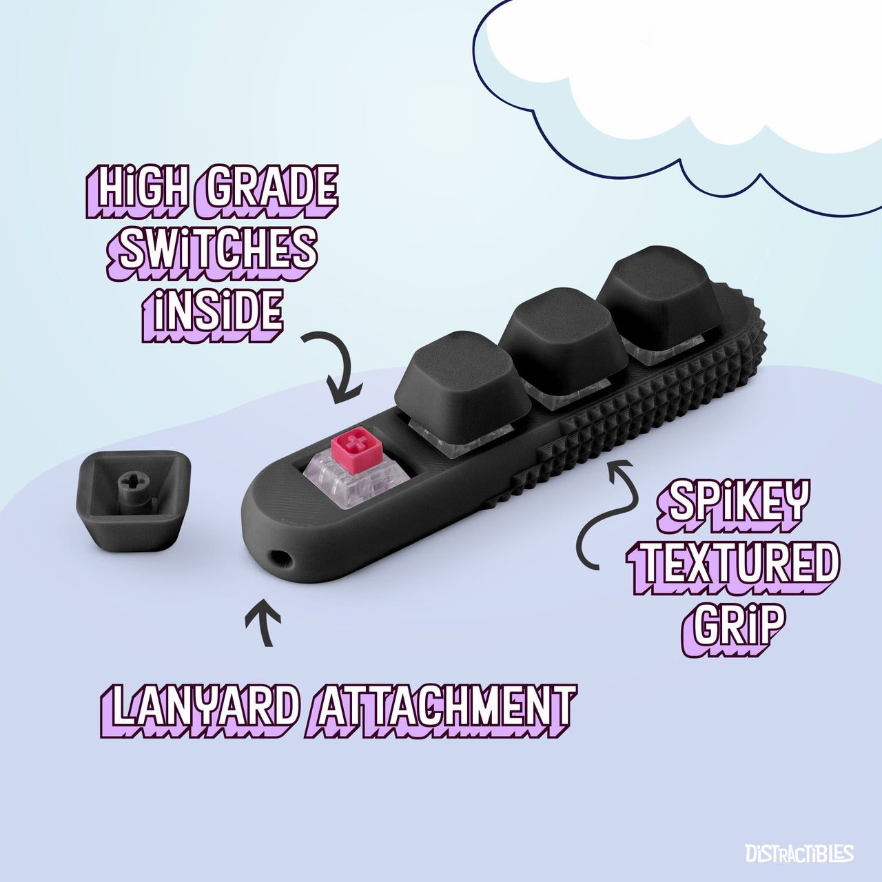 4-Button Fidget Clicker - Loud Click Switches, Textured Design for Stress Relief & Focus Aid with Lanyard (Black)