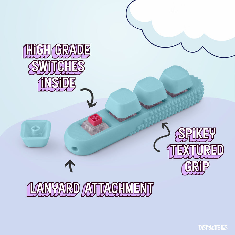 4-Button Fidget Clicker - Loud Click Switches, Textured Design for Stress Relief & Focus Aid with Lanyard (Blue)