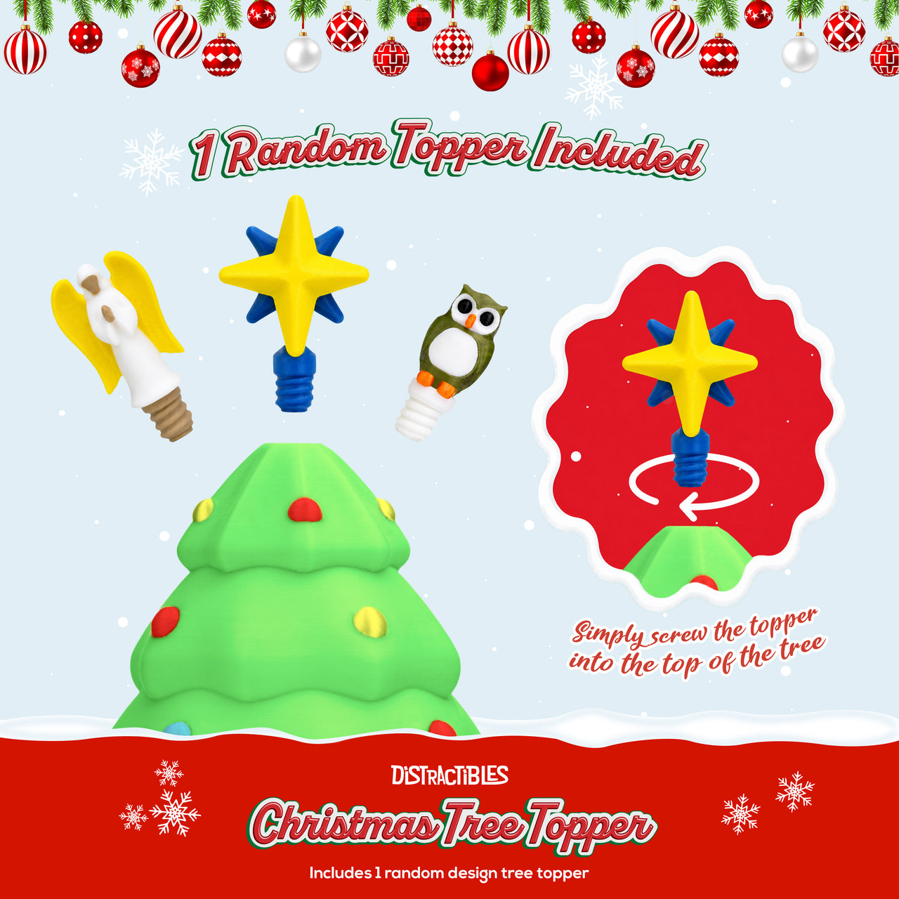 Distractibles Christmas Tree Mystery Box, 10 Articulated Festive Figures with Christmas Tree Container, Random Tree Topper with Removeable Tree Lid