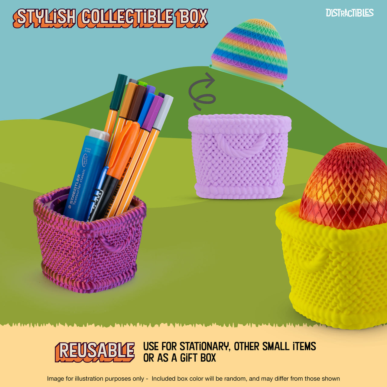 Distractibles Easter Mystery Basket, 8 Articulated Bunny Figures with Basket Container, Random Figures and Mystery Removeable Easter Egg Lid