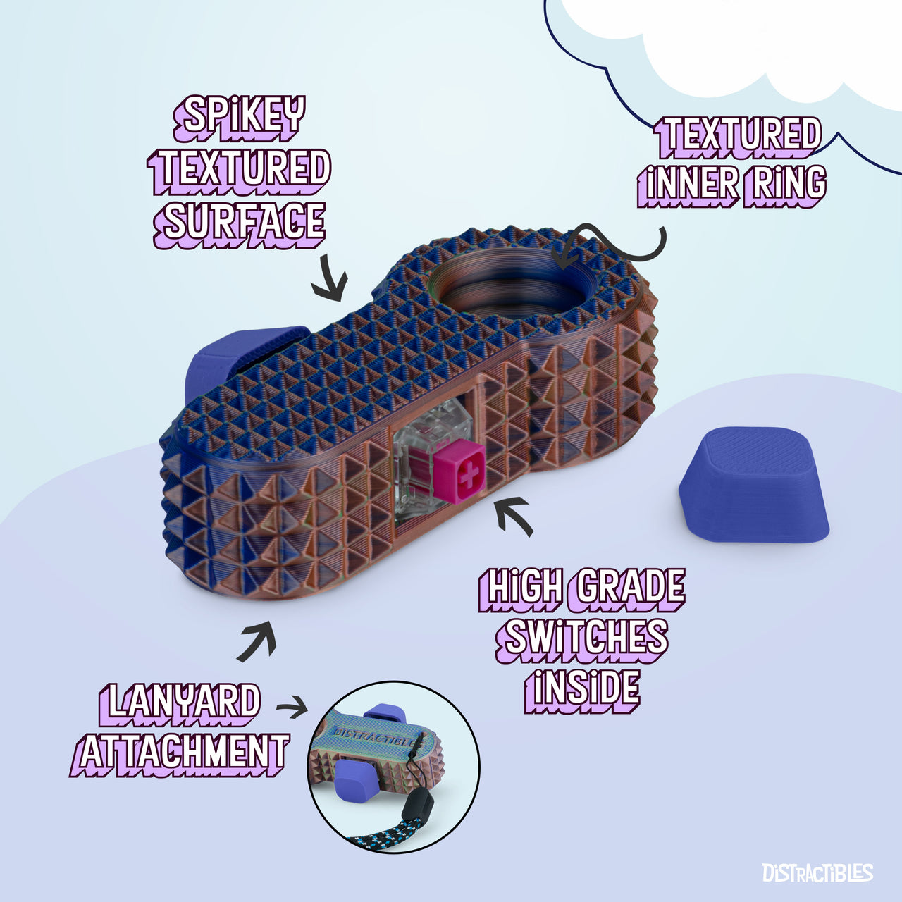 Distractibles Spiked Clicker Fidget Spinner - Textured for Pain Stimming, Stress Relief, ADHD, Anxiety and Concentration (Neon Harmony)