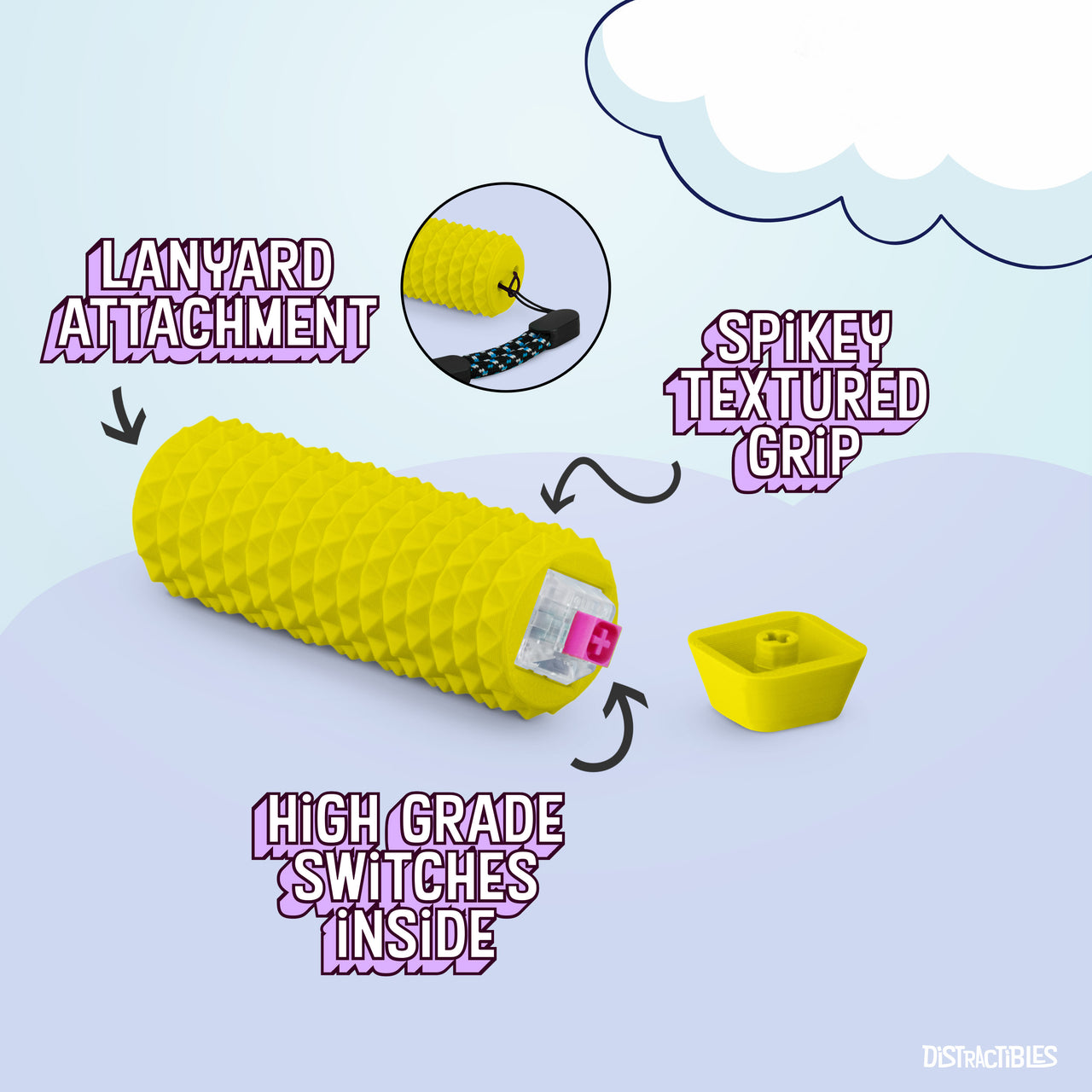 Spike Roller Clicker, Tactile Pain Stimming Fidget with Clicker Switch, Pain Stimulation Roller with Lanyard (Yellow)
