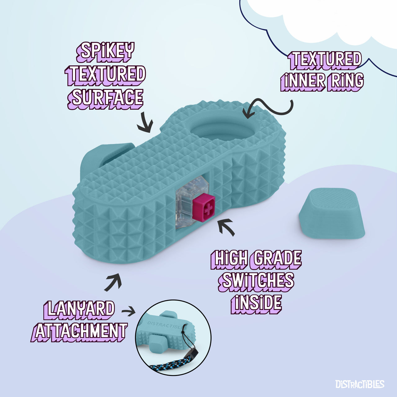 Distractibles Spiked Clicker Fidget Spinner - Textured for Pain Stimming, Stress Relief, ADHD, Anxiety and Concentration (Blue)