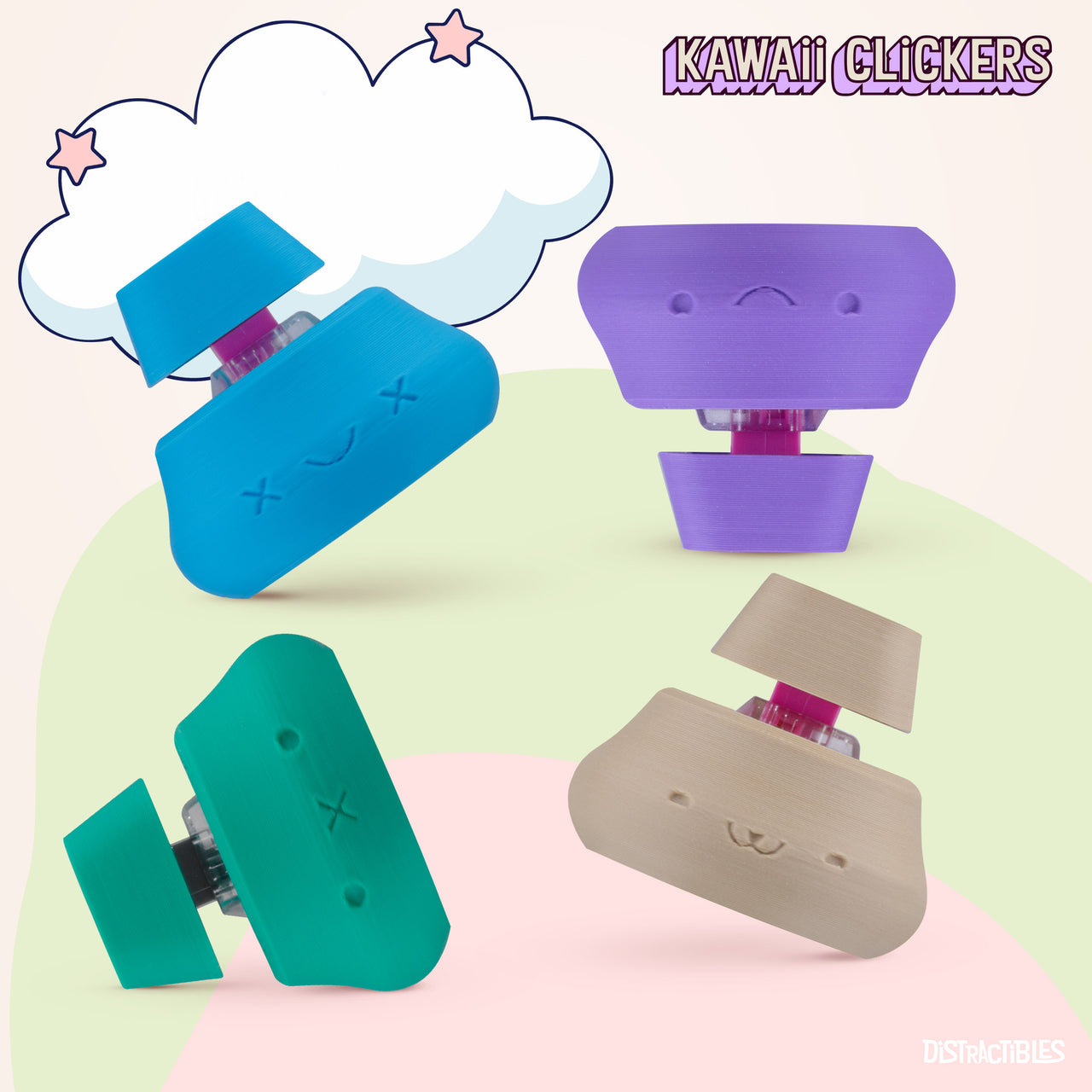 Kawaii Fidget Clicker Set, 4 Pack, Clicky and Silent, Stress Relief & Anxiety, ADHD Toys, Purple Blue Green Beige