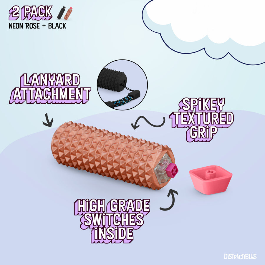 Spike Roller Clicker, Tactile Pain Stimming Fidget with Clicker Switch, Pain Stimulation Roller with Lanyard (Neon Rose + Black)