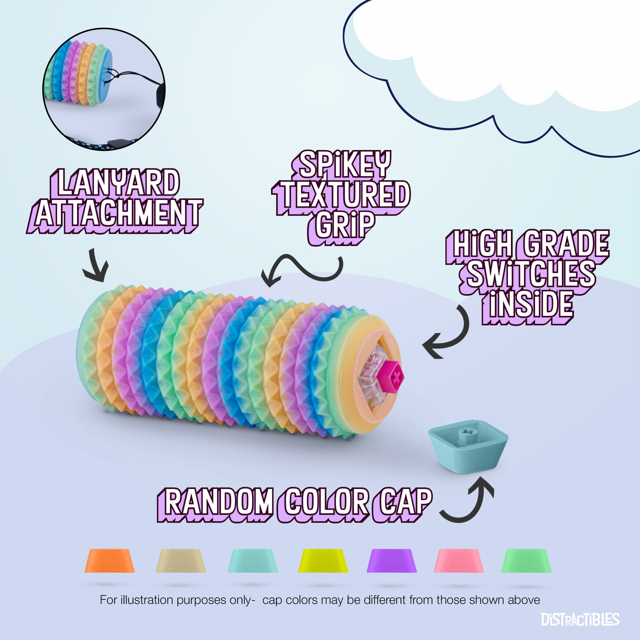 Sensory Roller Fidget Toy with Clicker, Tactile Spikes for Anxiety, Stress Relief, Pain Stimming, Autism - with Lanyard (Rainbow)