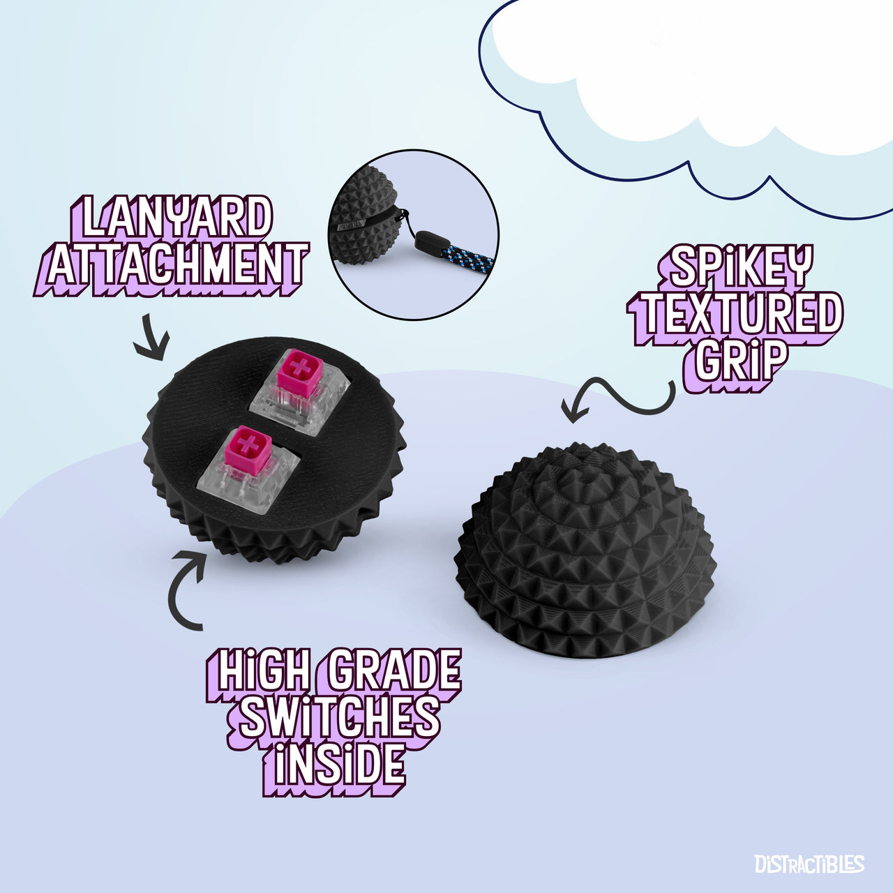 Spike Ball Clicker, Tactile Pain Stimming Fidget with Clicker Switch, Pain Stimulation Ball with Lanyard (Medium - Black)