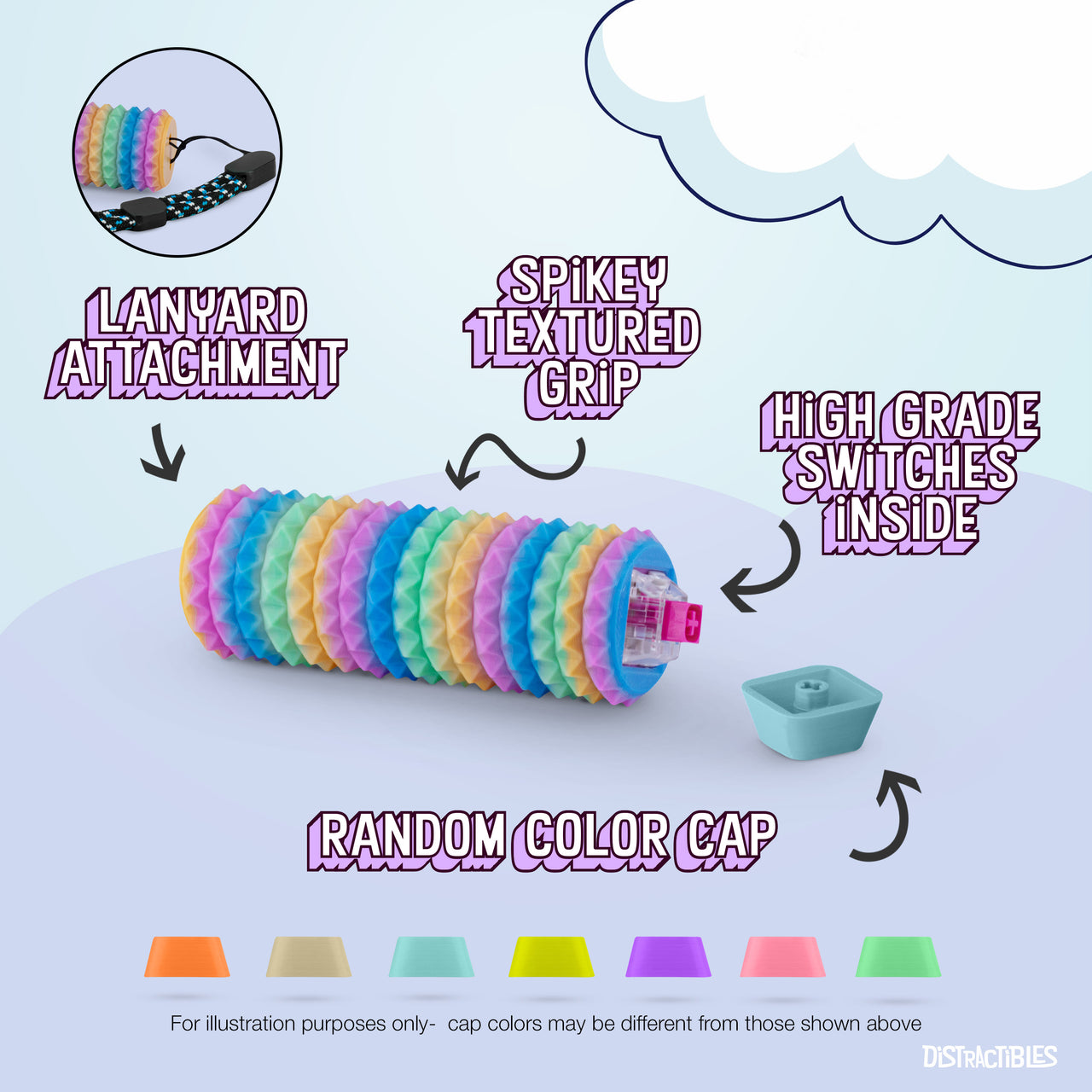 Spike Roller Clicker, Tactile Pain Stimming Fidget with Clicker Switch, Pain Stimulation Roller with Lanyard (Rainbow)