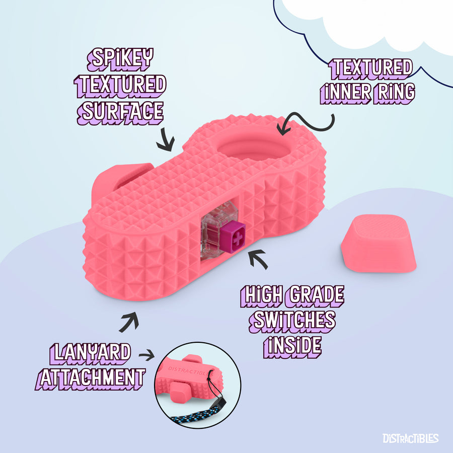 Distractibles Spiked Clicker Fidget Spinner - Textured for Pain Stimming, Stress Relief, ADHD, Anxiety and Concentration (Pink)