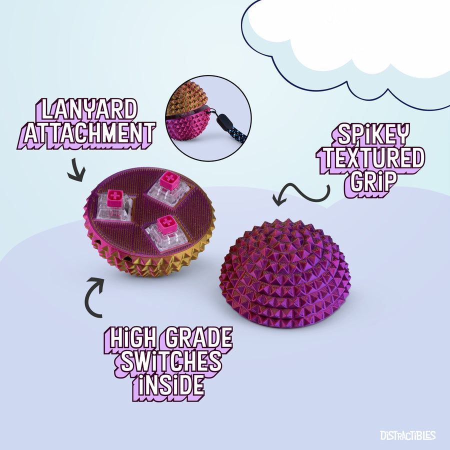 Spike Ball Clicker, Tactile Pain Stimming Fidget with Clicker Switch, Pain Stimulation Ball with Lanyard (Large Neon Harmony)