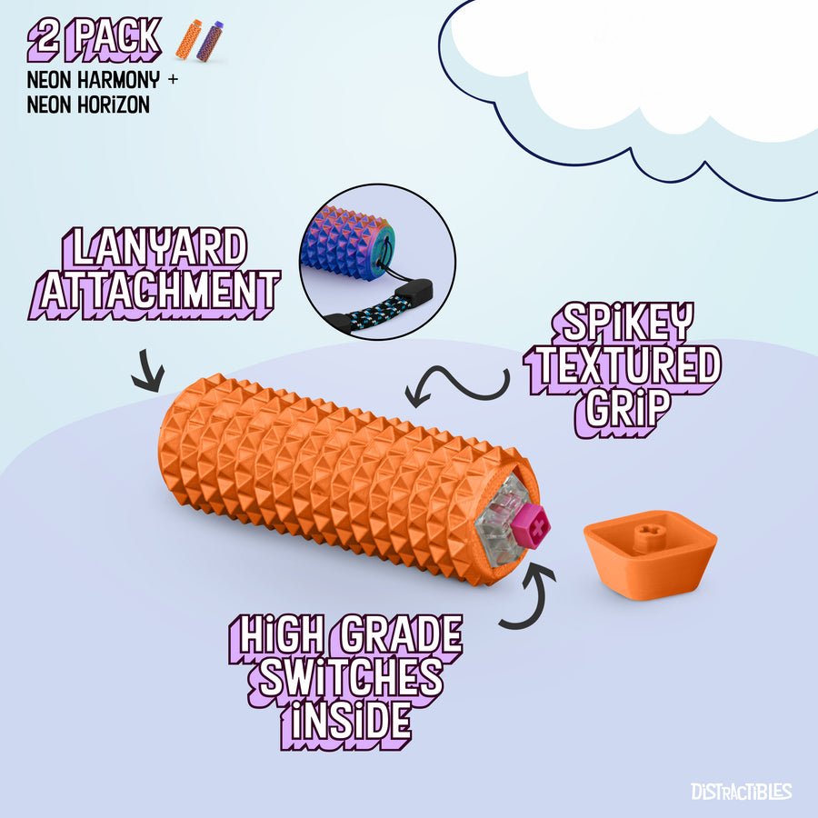 Spike Roller Clicker, Tactile Pain Stimming Fidget with Clicker Switch, Pain Stimulation Roller with Lanyard (Neon Harmony + Neon Horizon)