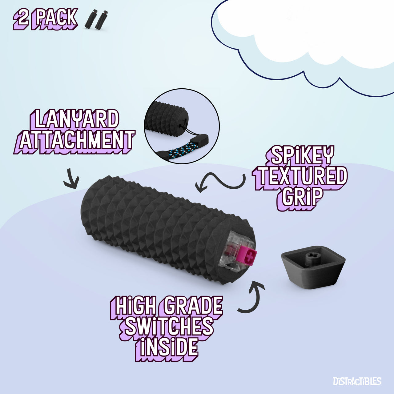 Spike Roller Clicker, Tactile Pain Stimming Fidget with Clicker Switch, Pain Stimulation Roller with Lanyard (2 Pack Black)