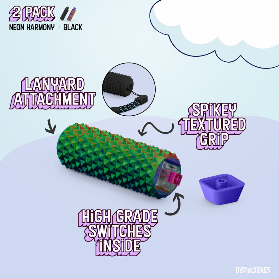 Spike Roller Clicker, Tactile Pain Stimming Fidget with Clicker Switch, Pain Stimulation Roller with Lanyard (Neon Harmony + Black)