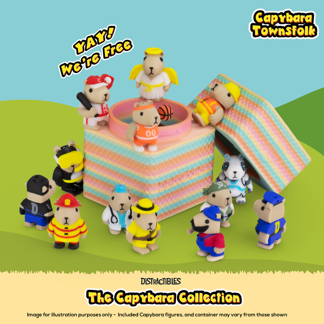 Mystery Fidget Sensory Capybara Townsfolk Pack, 10 Articulated 3D Printed Capybaras & Sensory Clicker Box, Random Colors
