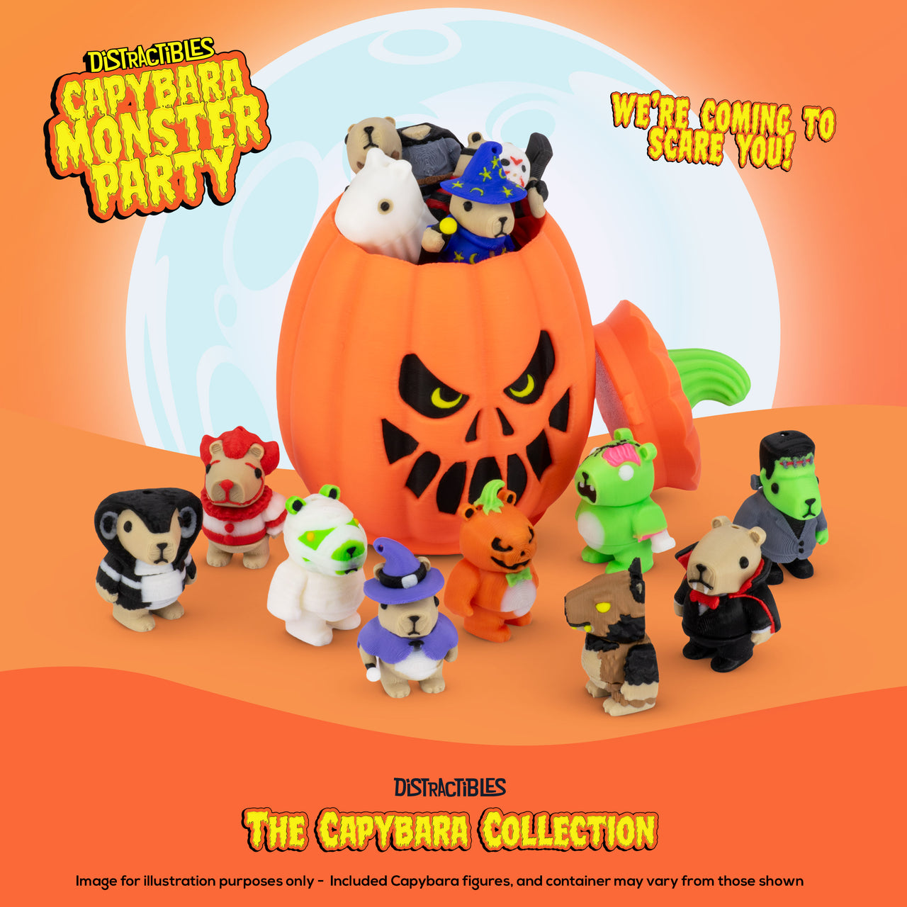 Monster Capy Mystery Box, 10 Articulated Frightful Capybara Figures with Pumpkin Container, Random Sensory Figures and Mystery Removable Pumpkin Lid