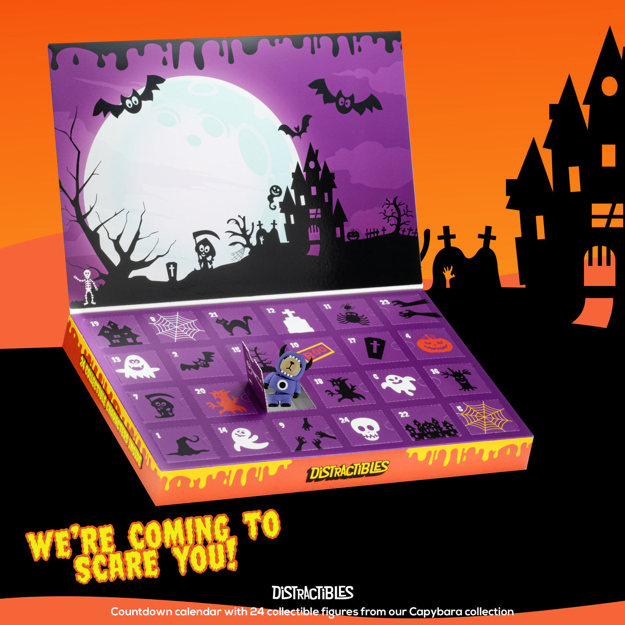 Distractibles Spooky Capy Mystery Box, 24 Articulated Costumed Capybara Figures, 24 days Countdown Advent Calendar