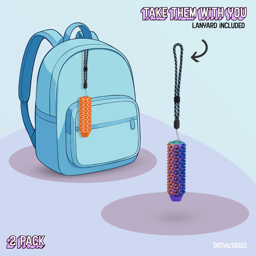 Spike Roller Clicker, Tactile Pain Stimming Fidget with Clicker Switch, Pain Stimulation Roller with Lanyard (Neon Harmony + Neon Horizon)