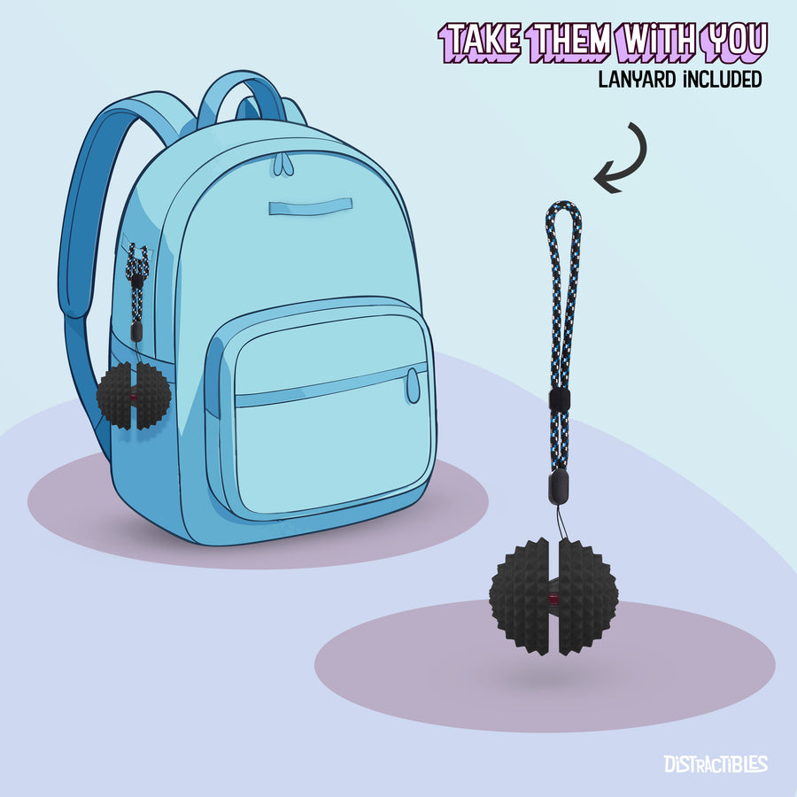 Spike Ball Clicker, Tactile Pain Stimming Fidget with Clicker Switch, Pain Stimulation Ball with Lanyard (Medium - Black)