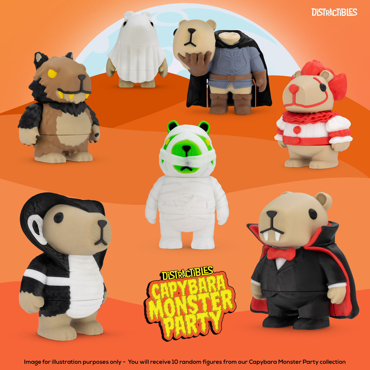 Monster Capy Mystery Box, 10 Articulated Frightful Capybara Figures with Pumpkin Container, Random Sensory Figures and Mystery Removable Pumpkin Lid