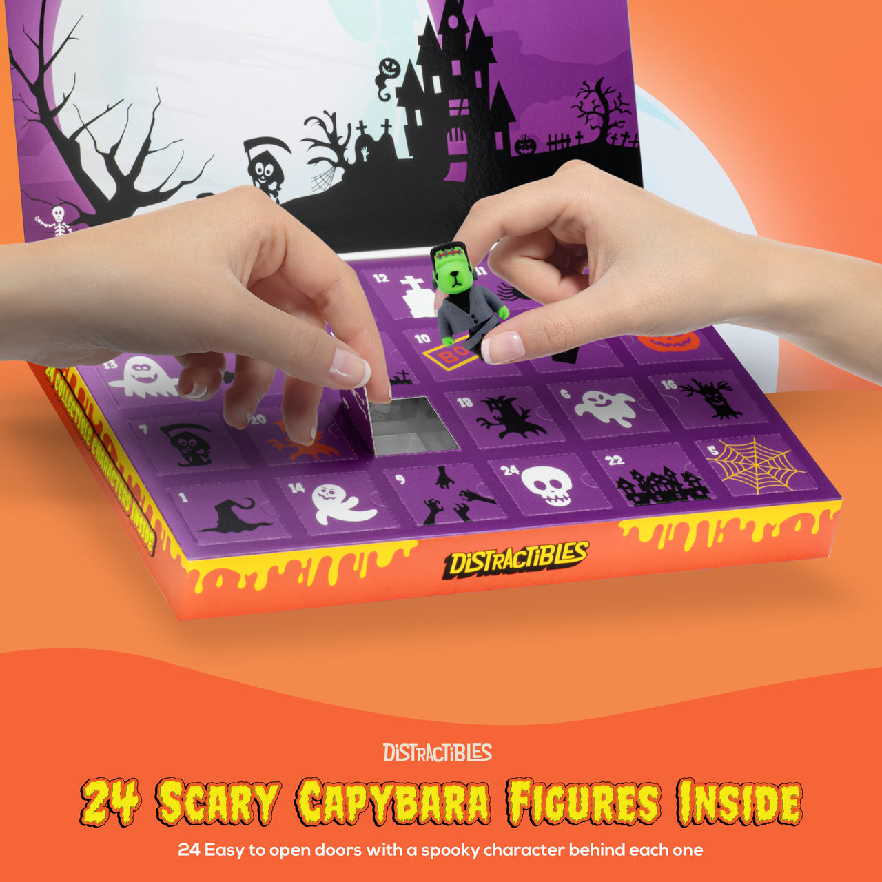 Distractibles Spooky Capy Mystery Box, 24 Articulated Costumed Capybara Figures, 24 days Countdown Advent Calendar