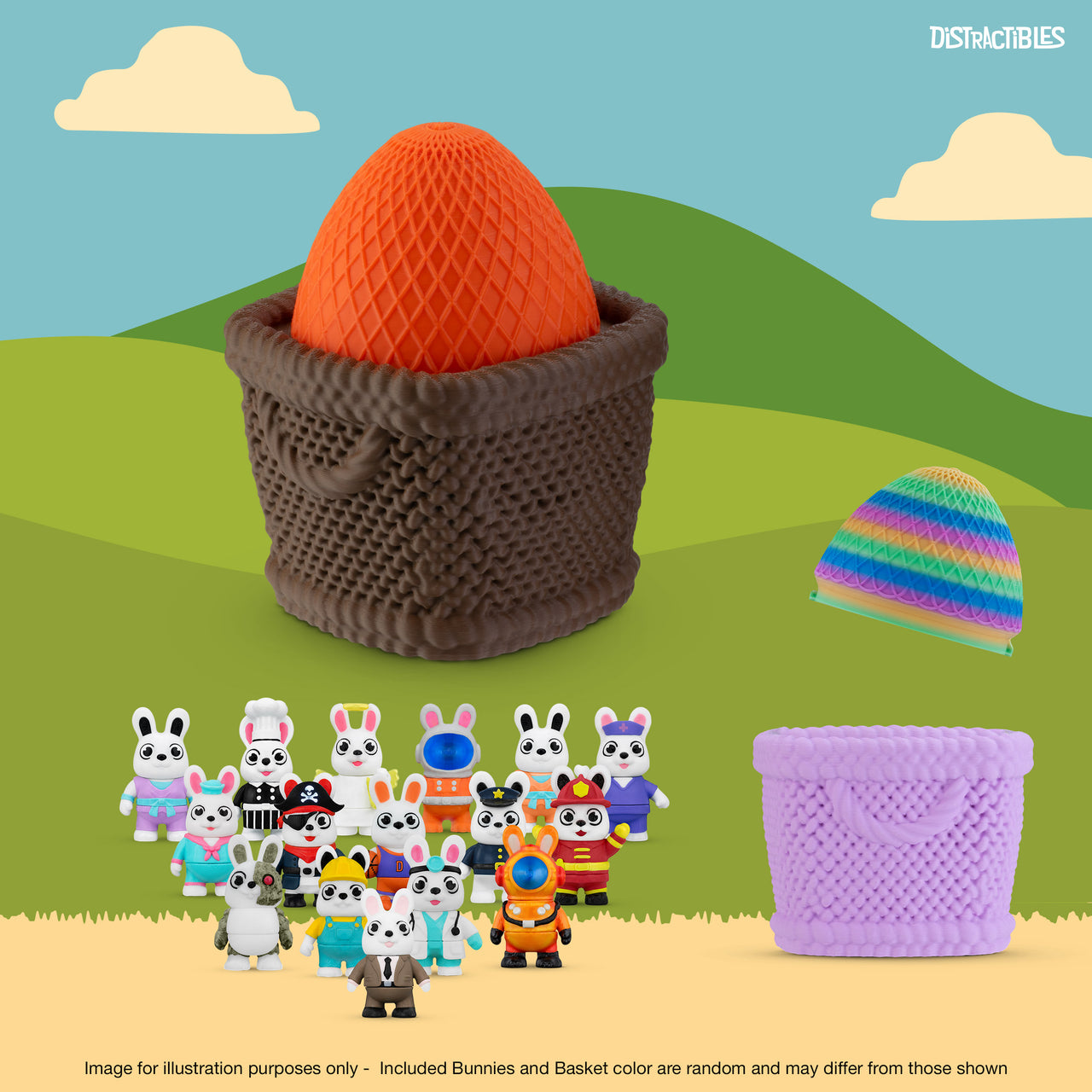 Distractibles Easter Mystery Basket, 8 Articulated Bunny Figures with Basket Container, Random Figures and Mystery Removeable Easter Egg Lid
