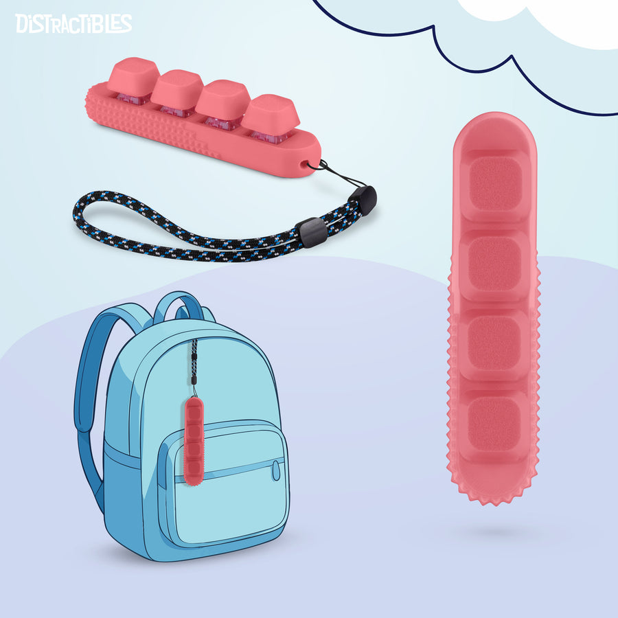 4-Button Fidget Clicker - Loud Click Switches, Textured Design for Stress Relief & Focus Aid with Lanyard (Pink)